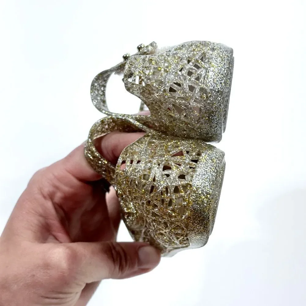 Mini Melissa gold glitter campana woven Mary Jane jelly shoe 7